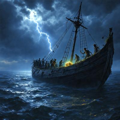 The primary subject of the image is a large boat with a group of people on it. The boat is floating on a body of water, and the people are gathered around a chest. The setting appears to be a stormy night, with dark clouds and lightning illuminating the scene. The visual style of the image is a painting, which adds to the dramatic atmosphere. The dominant colors are dark shades, such as black, gray, and blue, which create a moody and intense mood.